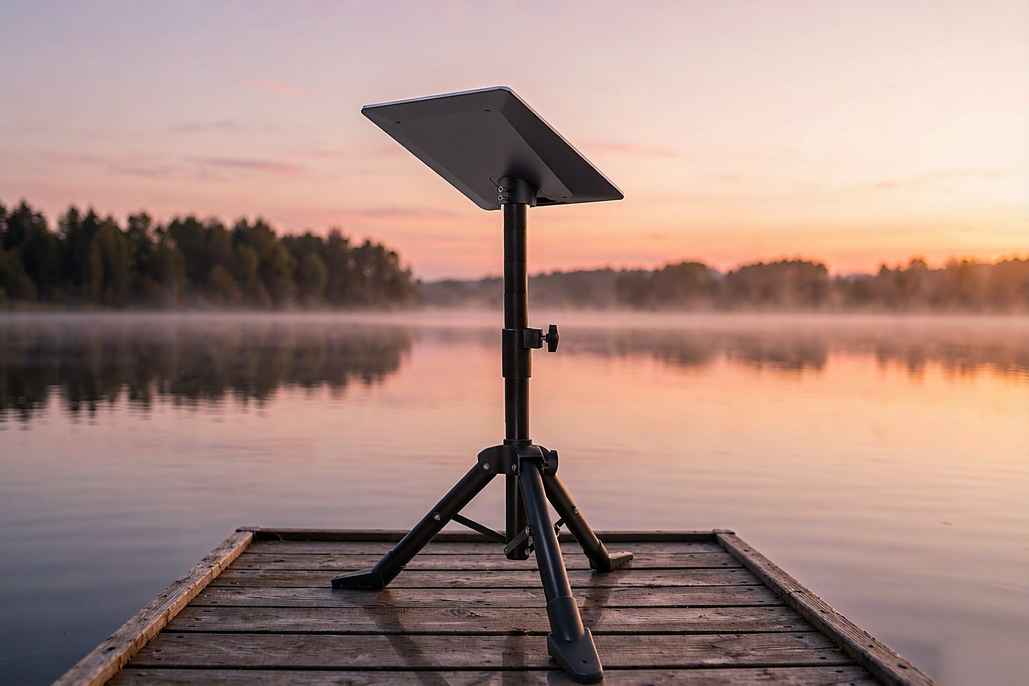 A Starlink dish on a freestanding tripod stand on a wooden lake dock at sunset
