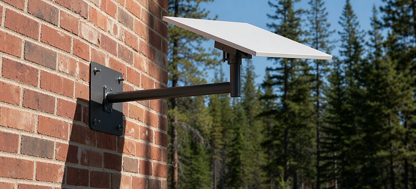 A matte black wall bracket bolted to a red brick wall with six masonry anchors, holding a white flat-panel Starlink dish out from the wall