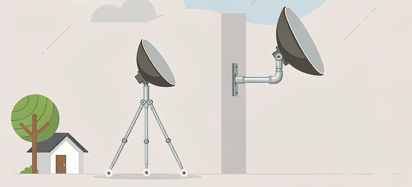 A basic tripod beside a heavier-gauge wall bracket, showing the difference in materials and reach