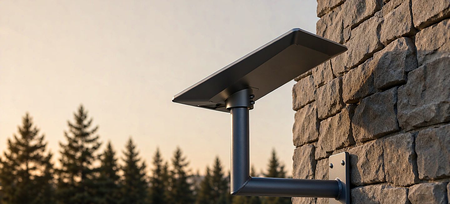 A Starlink dish on a wall bracket fixed to a stone garden wall at dusk with a forest ridge in the background