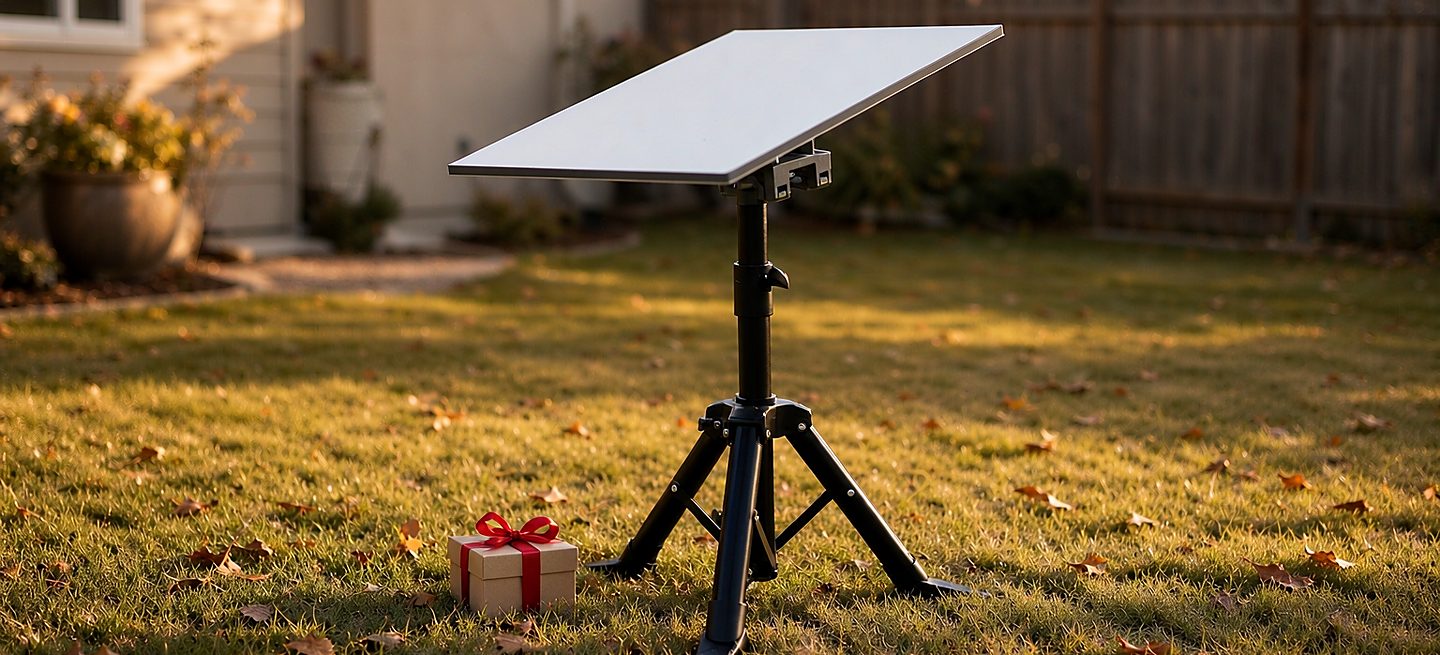 A Starlink tripod stand with a white flat-panel dish in an autumn backyard beside a small gift box with a red ribbon