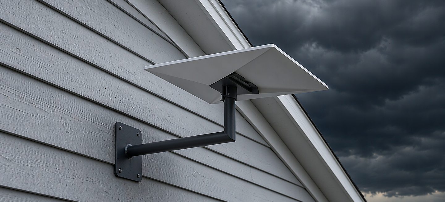 A black Starlink wall bracket and metal mast fixed to a house gable under a dark storm sky, the white dish standing clear of the roofline