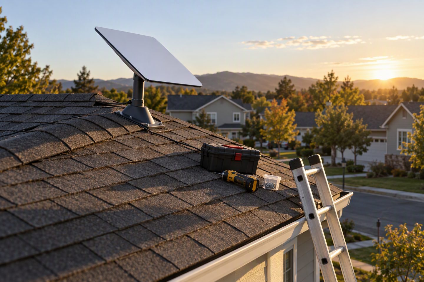 A rectangular Starlink-style panel on a pivot roof mount with a ladder and toolbox beside it on a residential shingle roof