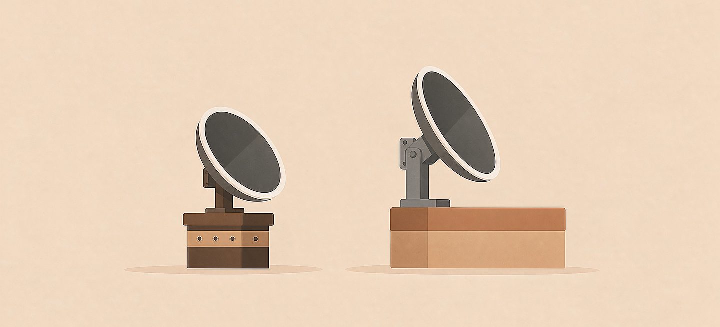An official Starlink mount beside a third-party bracket, both accepting the dish pipe thread