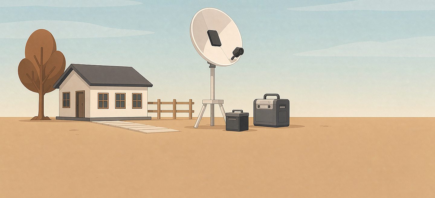 A Starlink dish on a freestanding stand beside a portable power station at a remote site