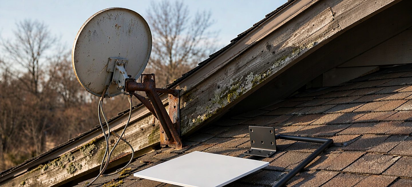An old oval satellite TV dish on a rusty eave mount above a white flat-panel Starlink dish lying on the shingles beside a black wall bracket