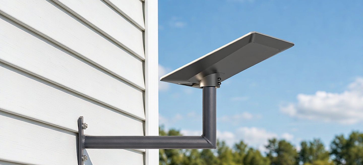 A Starlink dish mounted on a dark wall bracket fixed to the white clapboard siding of a suburban house on a clear day