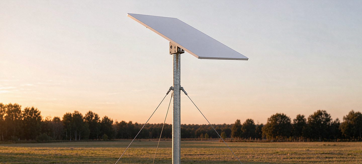 A Starlink dish mounted on a tall pole above a tree line