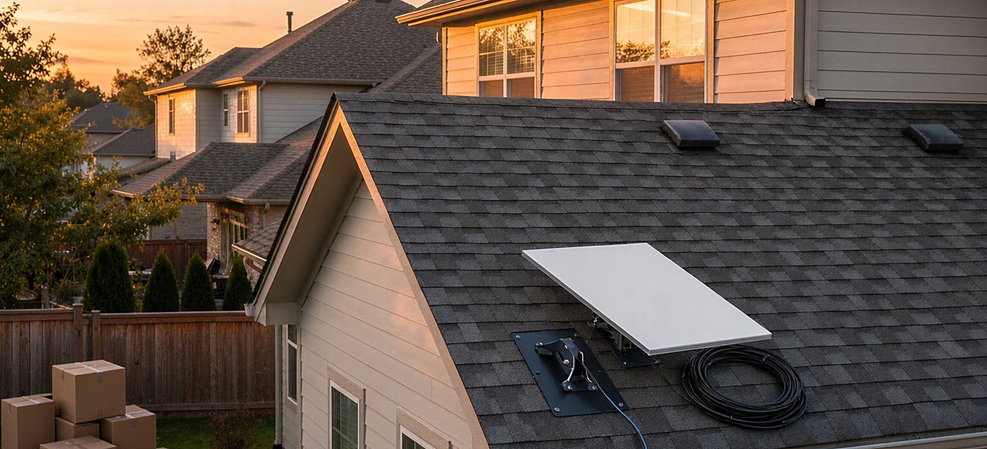 A white flat-panel Starlink dish resting on asphalt shingles beside a removed black roof mount bracket, with moving boxes stacked in the yard