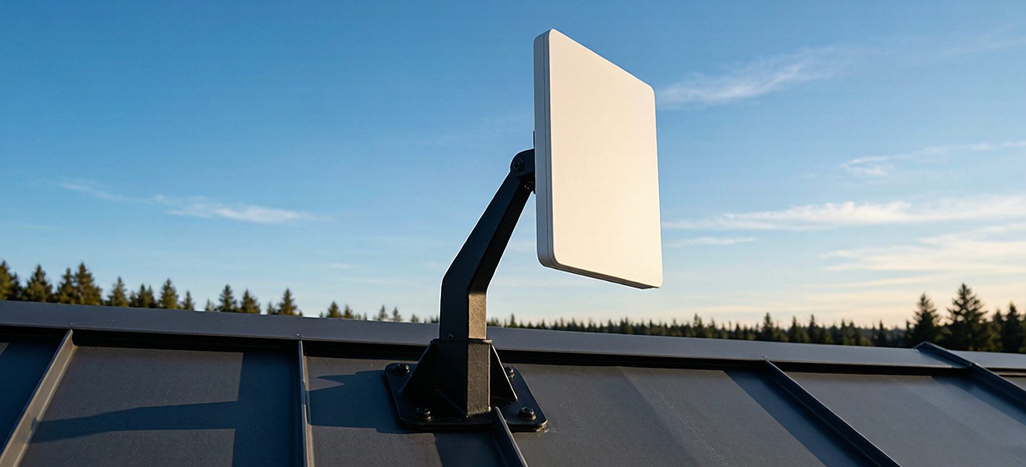 A low-profile black steel roof mount bolted through the standing seam panels of a pitched metal roof, carrying a flat rectangular phased-array panel aimed at open sky