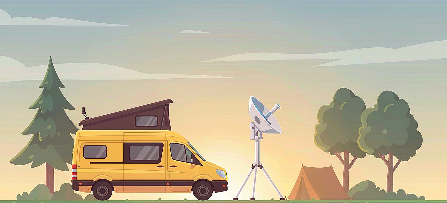 A Starlink dish on a freestanding stand beside an RV with the cable run to the vehicle and a power setup nearby