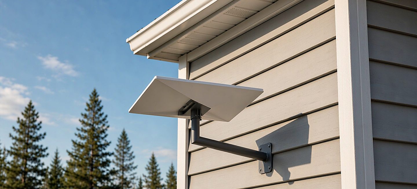 A black Starlink wall bracket fixed to a lap-sided house wall, its arm reaching past the siding and gutter so the white dish sits clear of the wall