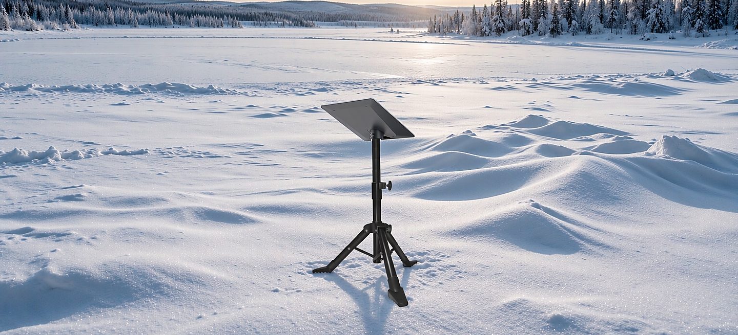A Starlink dish on a freestanding tripod stand standing in deep snow in a snow-covered forest at sunset