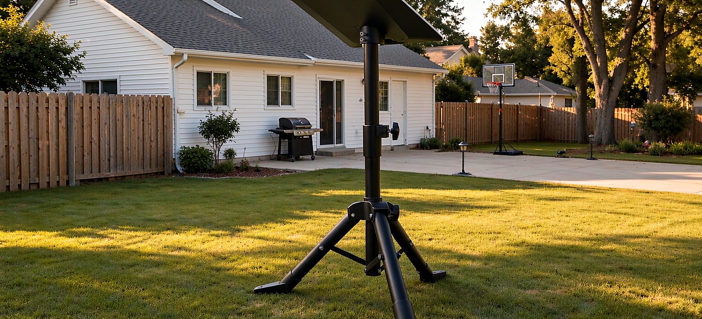 A Starlink dish on a freestanding tripod stand set up on a green backyard lawn at golden hour with a family house and wooden fence in the background